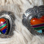 Native American‎ Zuni Sterling Earrings Signed QT Turquoise Heart Shaped Inlay Red Photo 0