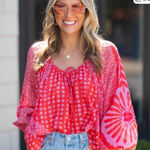 Free People Red and Pink Patterned Blouse Photo 0