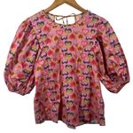 Emily Lovelock Top Women XS Pink Multicolored Heart 100% Organic Cotton Puff Photo 0