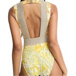 River Island  Yellow Metallic Paisley Plunge Swimsuit Size 4 US NWT Photo 5
