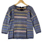 Lucky Brand Sweater Womens XS Blue Knit Aztec Zip Back Fringe Cuffs Zip Detail Photo 0
