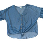 Main Strip  Front Tie Ruffle Sleeve Button Down Faux Denim Top Photo 0