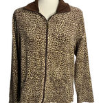 Oleg Cassini  Velour Full Zip Sweatshirt M Brown Leopard Print Pockets Collar Photo 0