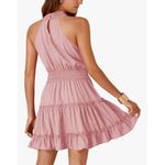 NEW Halter Sleeveless Smocked High Waist Ruffle Layered Mini Dress L Pink Size L Photo 1