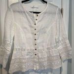Basset Size S White Linen Lace Fitted Stone Button Front 3/4 Sleeve Top Germany Photo 0