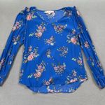 Loft Petites Blouse SP Blue Floral Print Long Sleeve V Neck Top Ruffle Detail Photo 0