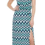 Three Pink Hearts Womens  Mint & Navy Cameo Chevron Maxi Dress - Sz M Photo 0