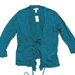 Dressbarn Womens XL Teal Tie Front Ruffle Sleeve Open Cardigan Green Photo 0