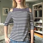 retro cold shoulder striped 3/4 sleeves shirt Blue Photo 1