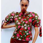 ZARA Womens Floral Puff Tie Short Sleeve Cotton Top Pink Green Small Photo 0