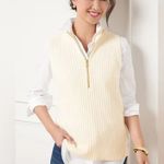 Talbots NEW  Cream Knit Ribbed Zip Mock Neck Sweater Vest Photo 5