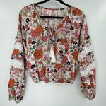 Cropped Boho Lantern Sleeve Floral Print Top w/ Drawstrings & Lace, Small Orange Photo 0