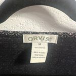 Orvis  Knit Blouse size Medium  Stretch SILKY Short Sleeve‎ Black Beige Geo Print Photo 2