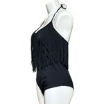 LA Hearts One Piece Swimsuit Halter Fringe Black Large Photo 2