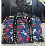 Betsey Johnson y2k Skull & Rose Carpet Bag Patent Leather Trim Duffle Bag Photo 0