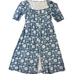 Beau & Ro Blue Folk Floral Button Front Floral Midi Dress Pockets Size Medium‎ Photo 0