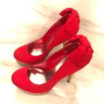 Bebe Stiletto High Heels Kahilia Ruby Red Size 8 Platform Cork Bow Formal Photo 4