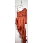 Mac Duggal  Pleated Cascade Detail One-Shoulder Satin A-Line Gown in Orange US 6 Photo 11