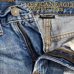 American Eagle AEO slim straight distressed cut off high waist denim shorts 9 inch inseam. Photo 4