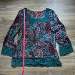 Sundance  Teal Purple Paisley Lace Square Neck Flowy Long Sleeve Blouse Size M Photo 4