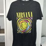 Nirvana  Womens T- Shirt Reprint Gray Grunge Front‎ Hit Technicolor Wash Smiley L Photo 1