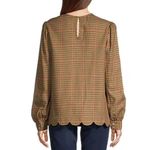 st. john's bay plaid scalloped Blouse top MEDIUM Tan Red Long Sleeve NWOT Photo 9