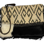 Myra Bag Southwestern Aztec Cowhide Leather Fringe Wristlet Clutch Black White Photo 0