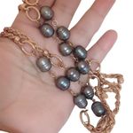 LN Bronze Italy & Honora Authentic Pearl Bluish Green Gray Long Station Necklace Photo 6