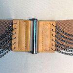 Vintage Y2K Yik Fung Tan Leather Draped Metal Chain Elastic Statement Belt Photo 7