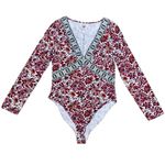 Free People  Intimately Floral Deep V Bodysuit Red Pink Boho Print Size Large EUC Photo 3