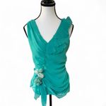 Lulumari y2k Teal Aqua Blouse Top Ruffle Detail Floral Applique Party top Small EUC Photo 2