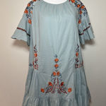 INDIKAH Embroidered Flowers Boho Cotton Tiered Blue Mini Peasant Dress Sz XS Photo 0