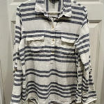 Ellen Tracy  Button Popover Blouse Womens  100% Linen Blue White‎ Striped Large Photo 0