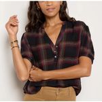 Cloth & Stone  Sunset Plaid Top Textured Henley Shirt Puff Sleeve Small Black Red Photo 0