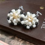 Vintage 50s West Germany Floral Pearl Beaded Clip Earrings Black Photo 5