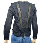 Love Sam  Women’s S Black Long Sleeve Cotton Voile Ruffle Front Embroidered Top Photo 4