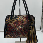 Patricia Nash Red Gold Paisley Leather Satchel Bag Tote Tassel Photo 0