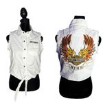 Harley Davidson Tie Front White Top Womens XS Fringed Cropped Biker Cotton Photo 1