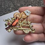 Cardinal Red Bird With Sunflowers & Birdhouse Gold Tone Enamel Brooch Pin Photo 0
