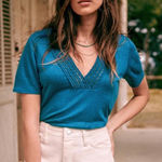 Sézane Sezane Miranda T-shirt Short Sleeve V-Neck Tee in Peacock Blue 100% Linen Photo 0