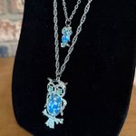 Vintage Double Owl Pendant Necklace Silver tone Spotted Bellies Rhinestone Eyes Photo 2