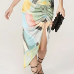 Just Bee Queen Minela Satin Ruched Midi Skirt Multicolor Abstract Size S RTR‎ Blue Photo 0