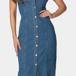 Bebe  Blue Sleeveless Front Button Rhinestone Denim Midi Dress Size Medium M Photo 0