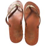 beek + montage Leather Flip Flops Gold Strap Studded Thong Sandals Size 8 Anthro Brown Photo 0