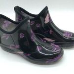 Easy USA Womens Rain Booties Rubber Slip On Floral Black Purple Size 6 Photo 0