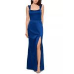 XScape  Satin Double Strap Sleeveless Column Evening Gown Blue Size 6 Thigh Slit Photo 9