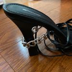 Pretty Little Thing Black Pu Mid Block Heel Chain Trim Ankle Tie Strappy Sanda-5 Photo 1