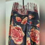 Echo Burgundy Peach Roses Black Silk Long Neck Scarf with Fringe Photo 1
