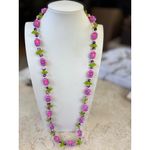 1960's style lucite Purple & Pink Floral Beaded Necklace With Green Leaf Accent Photo 4