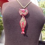 Large Red and Gold Color BOHO Winking Cat Necklace Photo 5